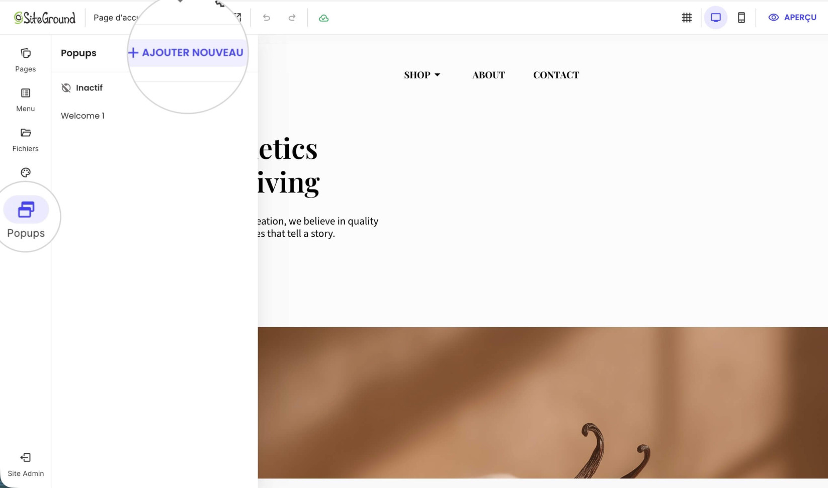 Bouton Ajouter Nouveau pour créer un popup pour un site de e-commerce