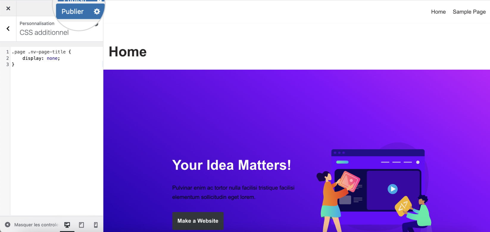 Capture d’écran montrant où le code CSS personnalisé pour masquer les titres dans WordPress est placé dans la zone CSS supplémentaire