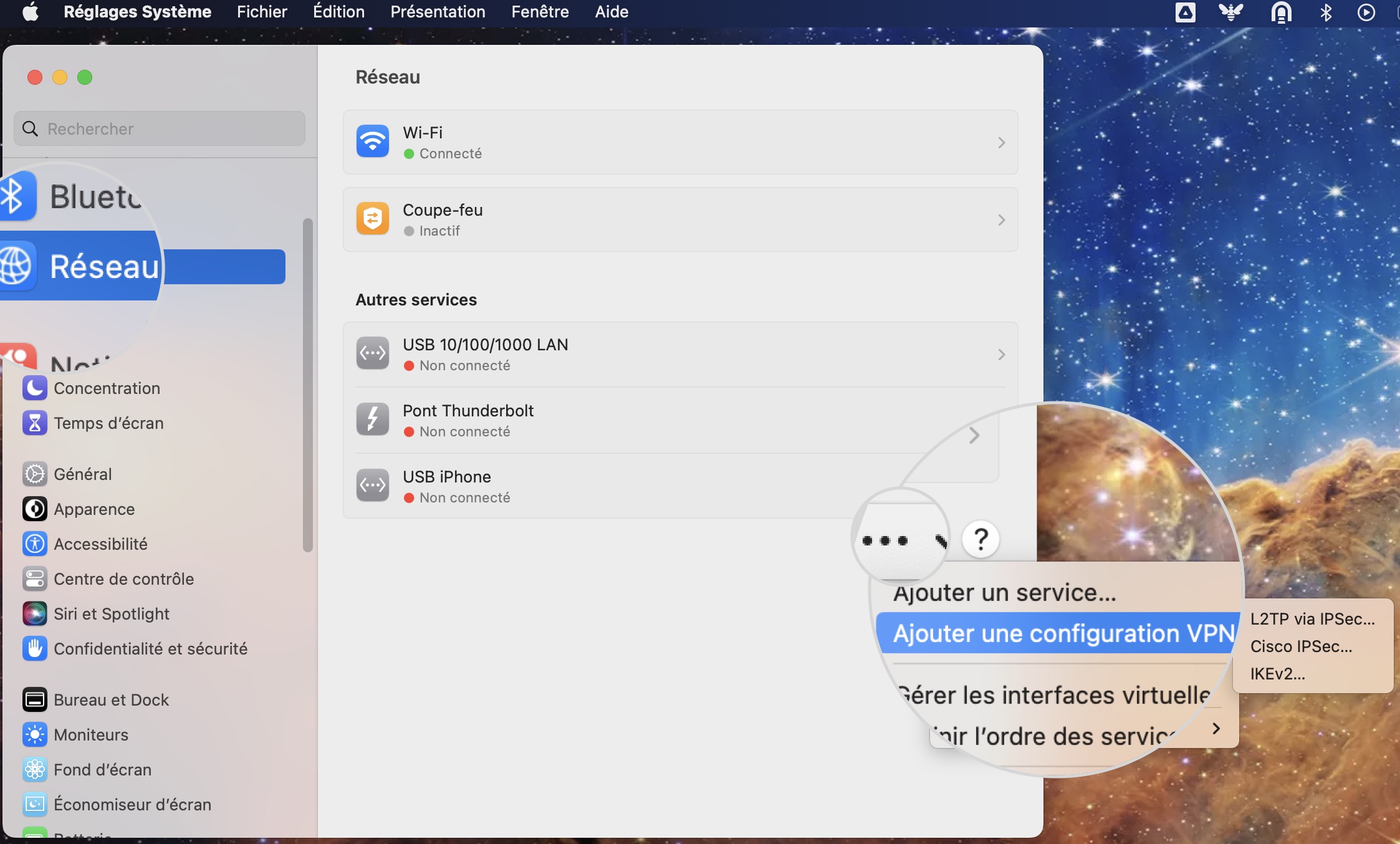Capture d'écran de l'icône Paramètres réseau dans les Préférences Système de Mac OS.
