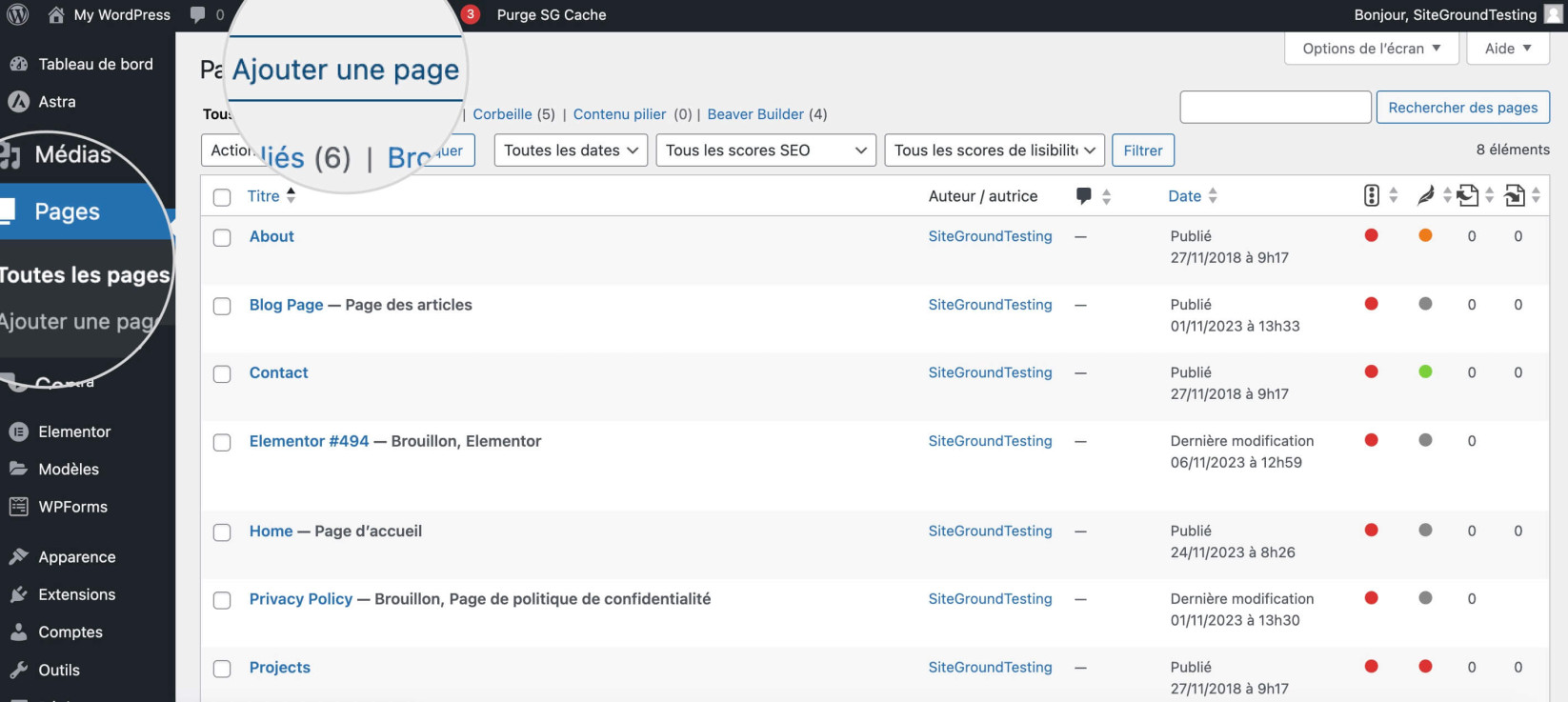 Capture d’écran montrant comment ajouter une nouvelle page dans WordPress
