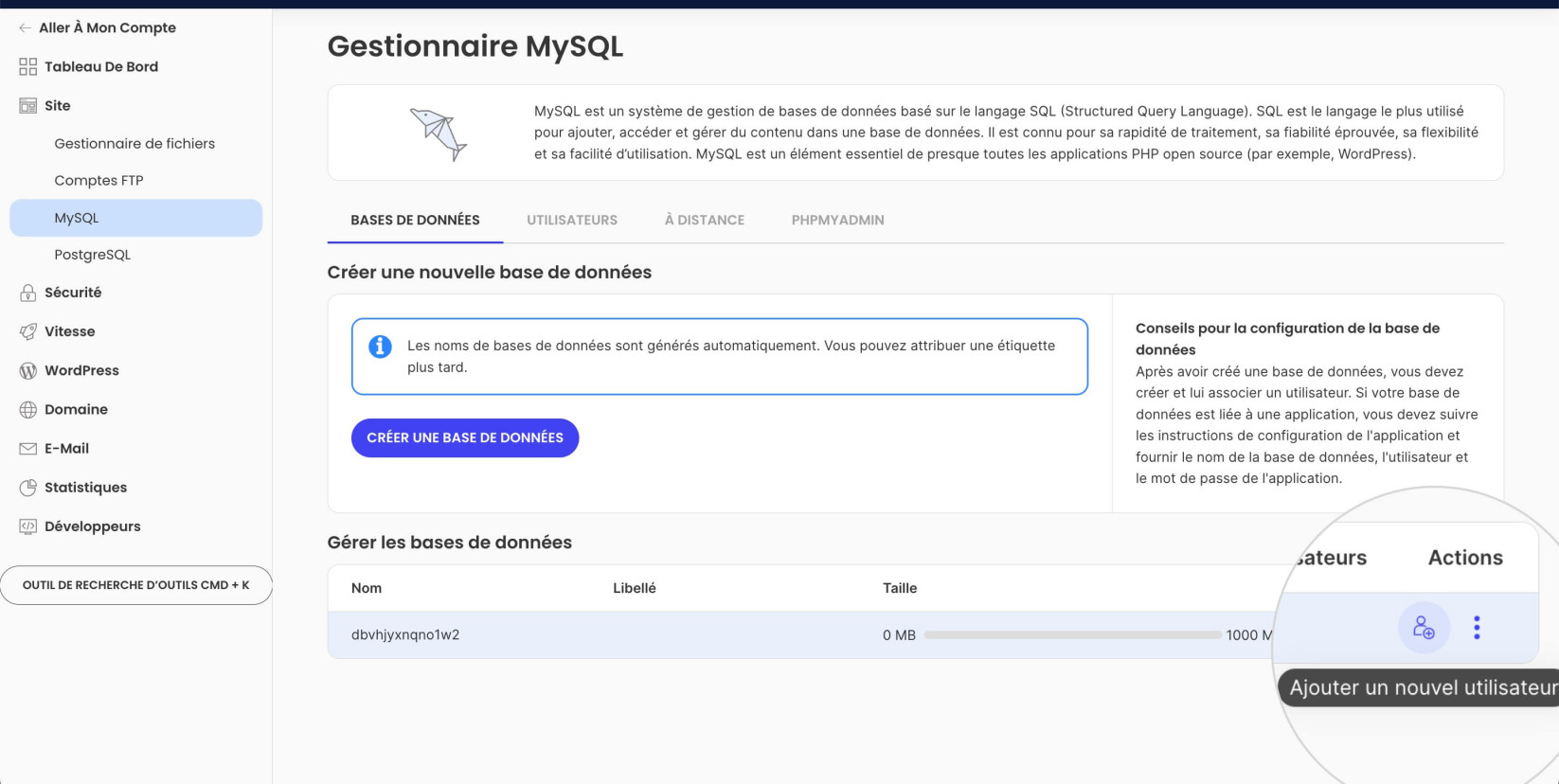 Ajout d'un utilisateur à une base de données MySQL dans Site Tools