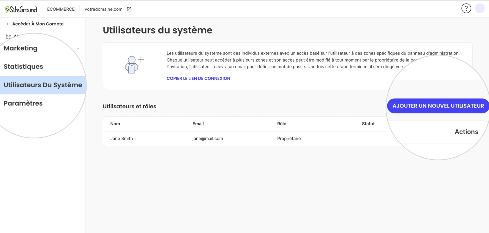Site Admin d'une boutique Ecommerce affichant la section Utilisateurs du système