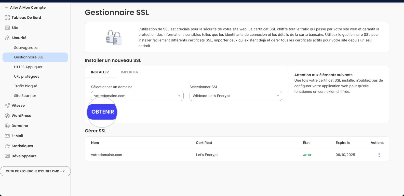 Installateur SSL Wildcard dans Site Tools 