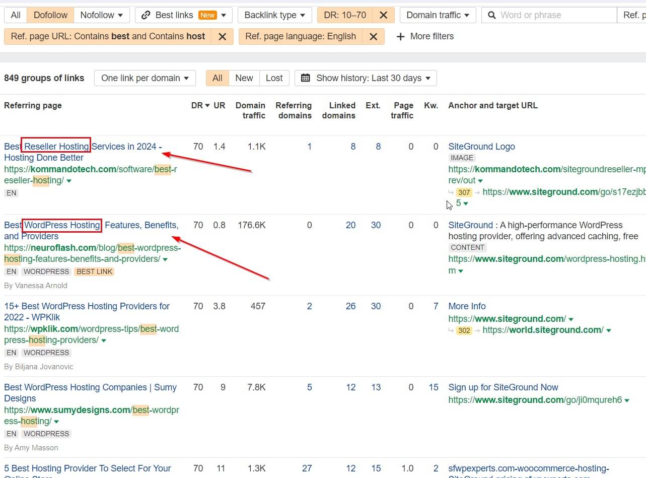 Capture d'écran de l'outil SEO Ahrefs analysant le profil de backlink de SiteGround en mettant l'accent sur la qualité des liens.