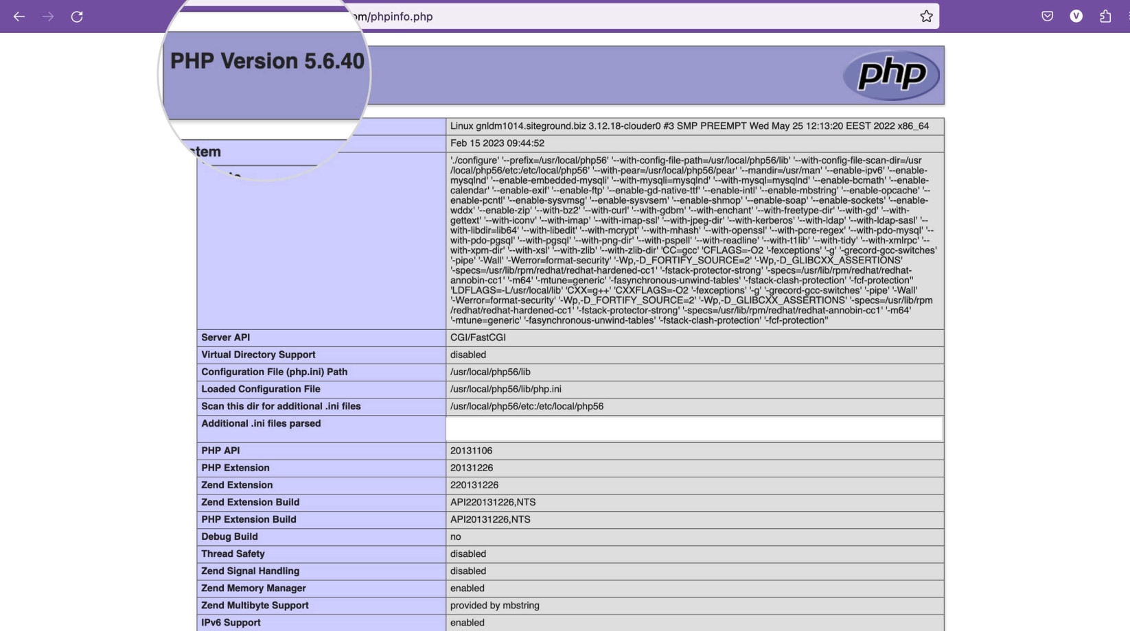 Capture d'écran montrant phpinfo détectant une version obsolète de php