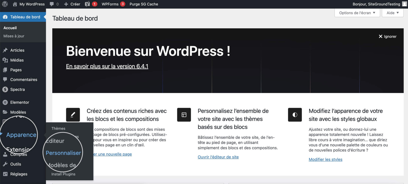 Capture d’écran montrant où trouver l’option Personnaliser l’apparence dans WordPress pour personnaliser votre thème