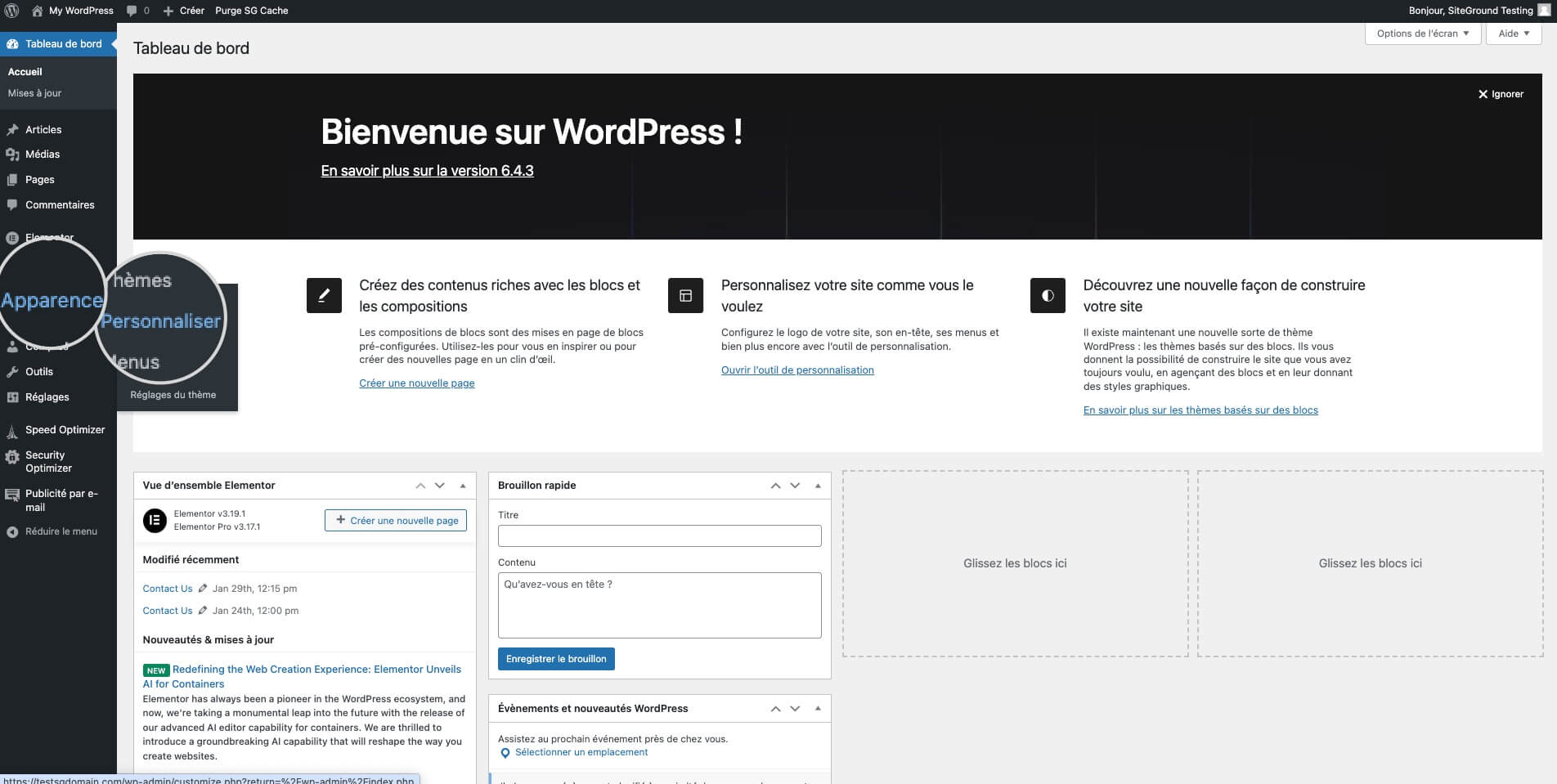 Capture d'écran montrant comment accéder au personnalisateur WordPress à partir du tableau de bord pour modifier le Favicon WordPress