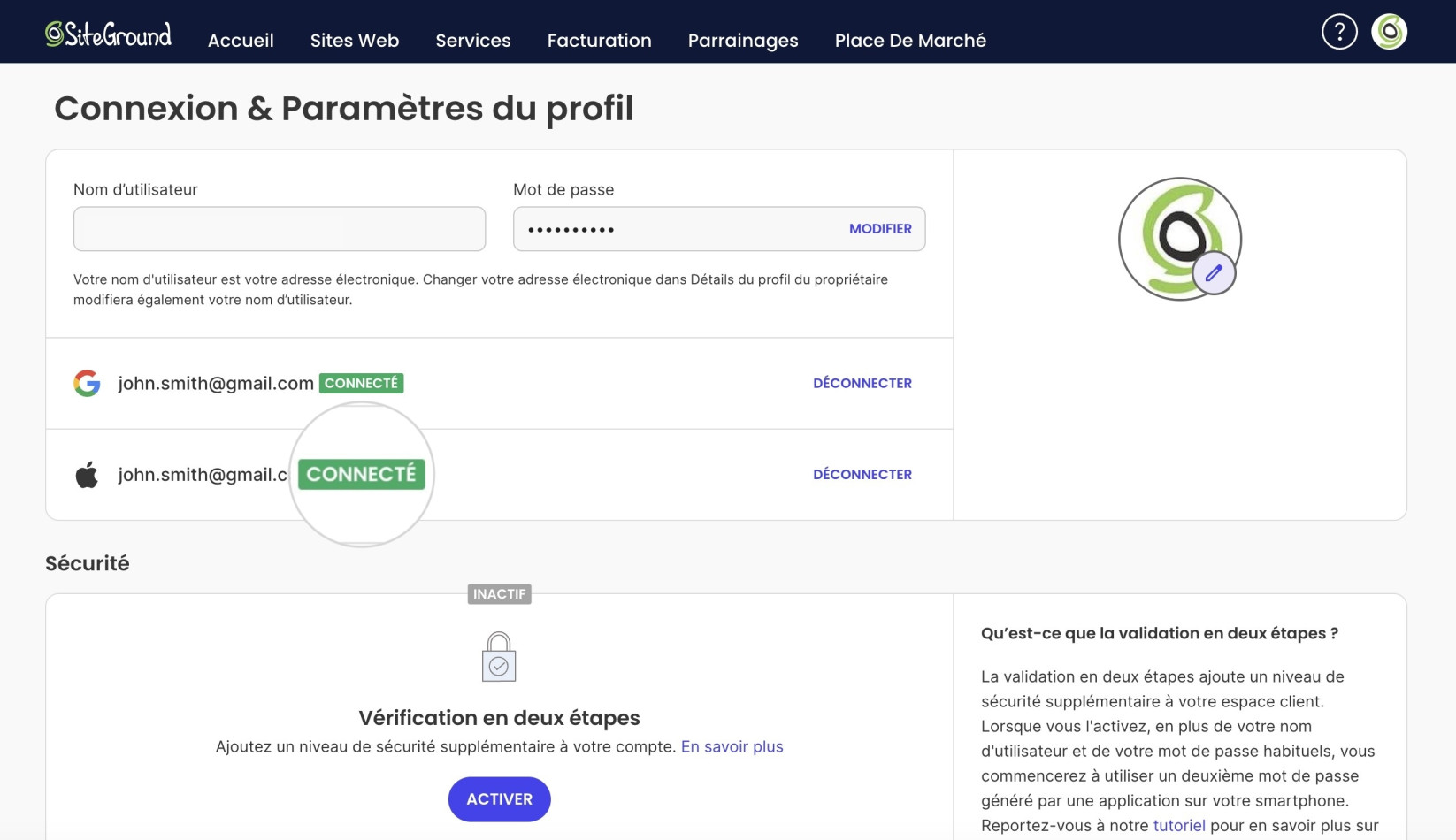 Capture d'écran montrant un compte Apple connecté avec succès