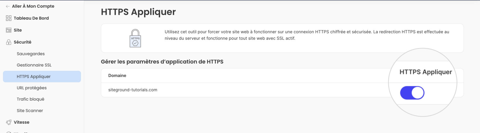 "HTTPS Appliquer" dans Site Tools de SiteGround 