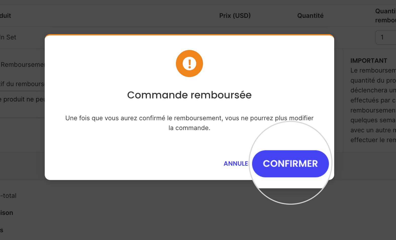 Écran de confirmation de remboursement d'une commande dans SiteGround Ecommerce
