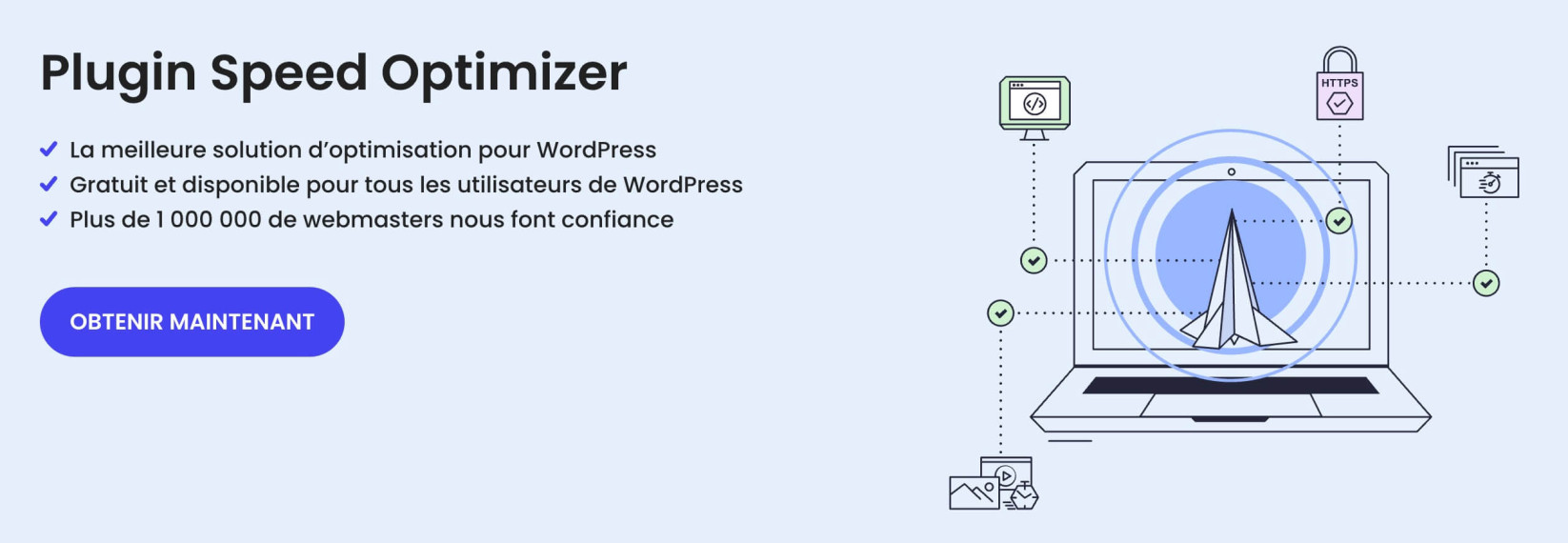 Une bannière publicitaire pour le plugin SiteGround Speed Optimizer, avec une liste de puces décrivant sa popularité, et un bouton « Obtenir maintenant ». 