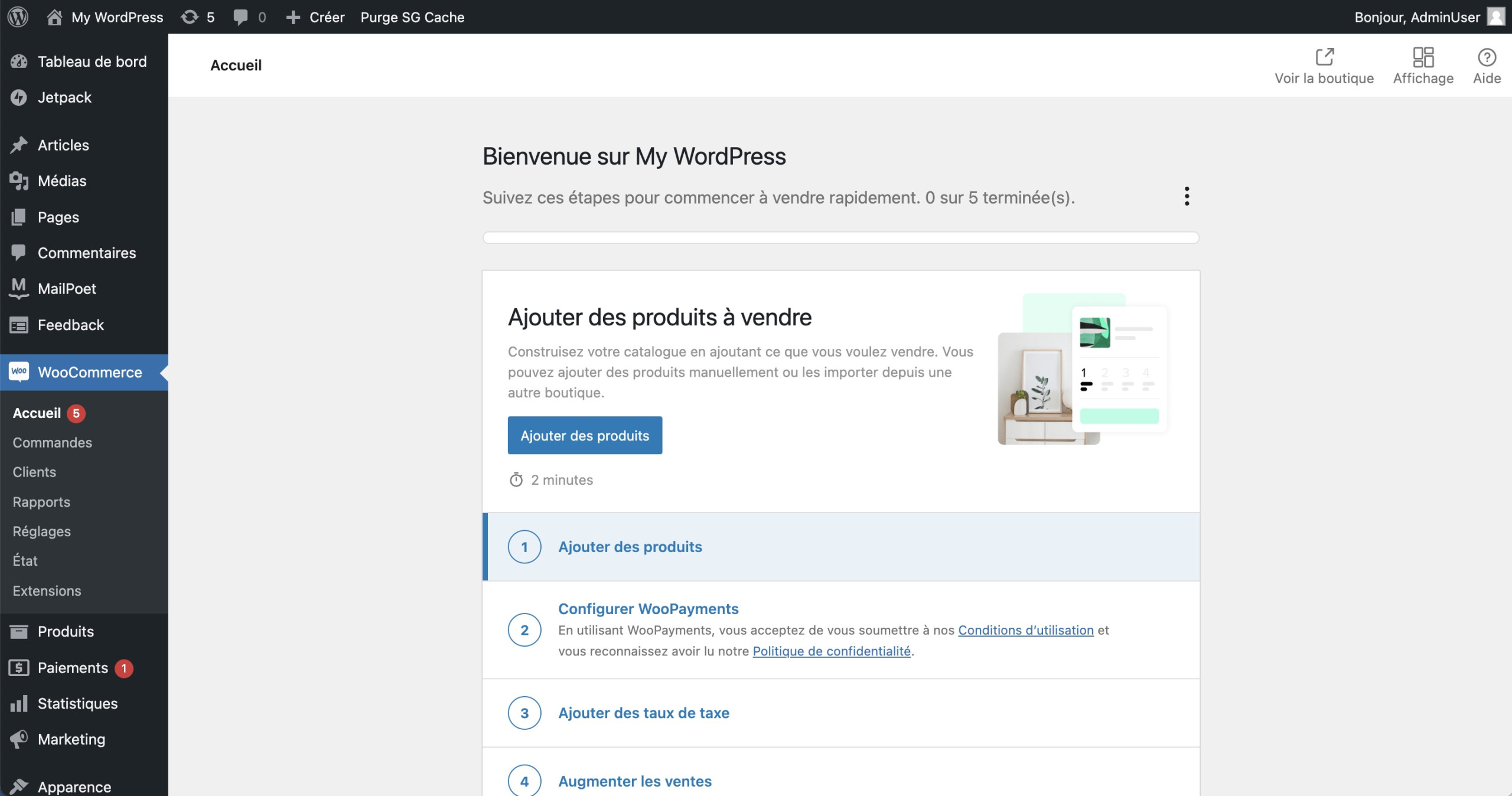 Une capture d’écran de l’interface WooCommerce d’un site web WordPress