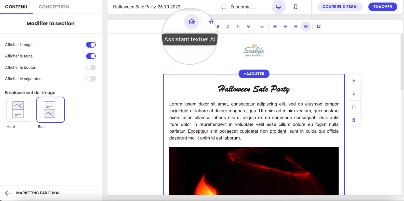 Capture d’écran montrant le bouton de l’assistant de texte IA dans l’éditeur d’e-mails