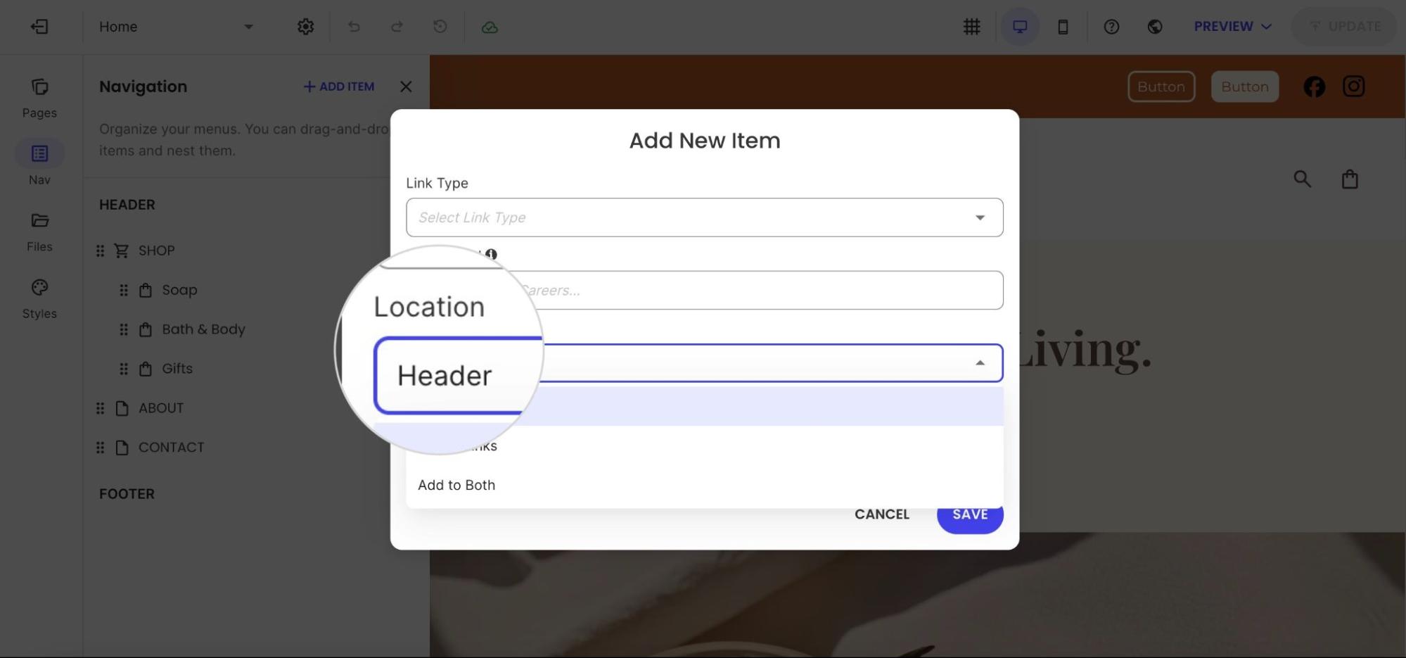Add New Item popup with link type and location set to Header