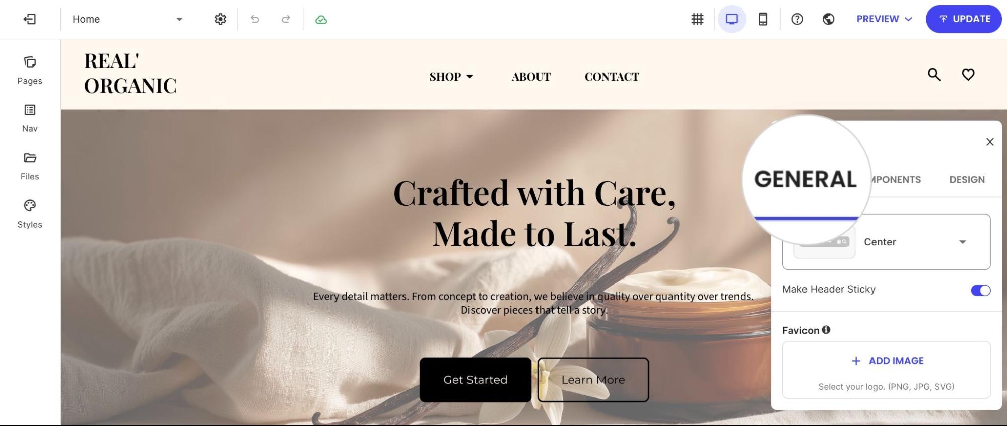 Header settings panel with General tab selected and sticky header option enabled