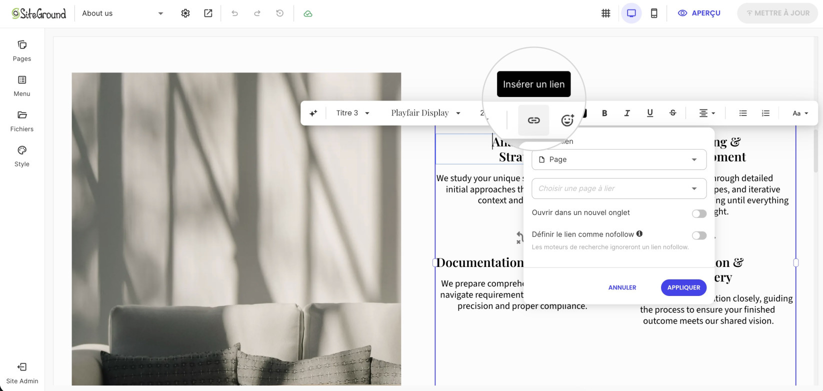 Menu déroulant du type de lien affichant les options pour page, URL personnalisée, adresse e-mail, numéro de téléphone et fichier