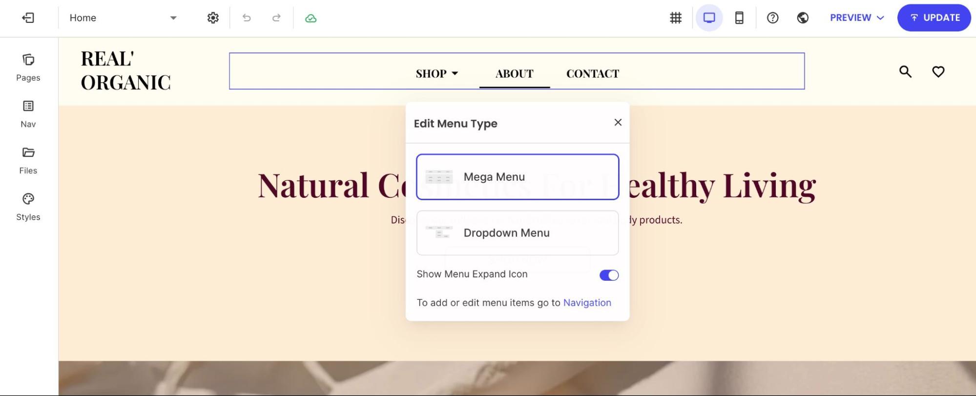 Edit Menu Type popup showing Mega Menu and Dropdown Menu options