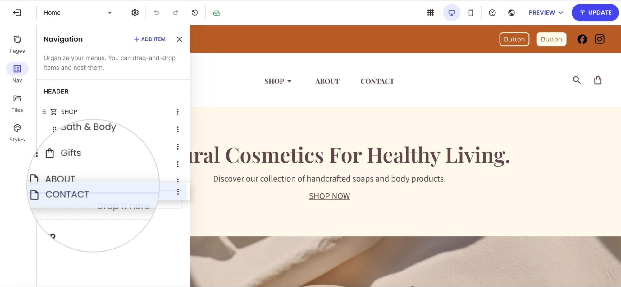 Navigation menu showing items being reordered with drag and drop