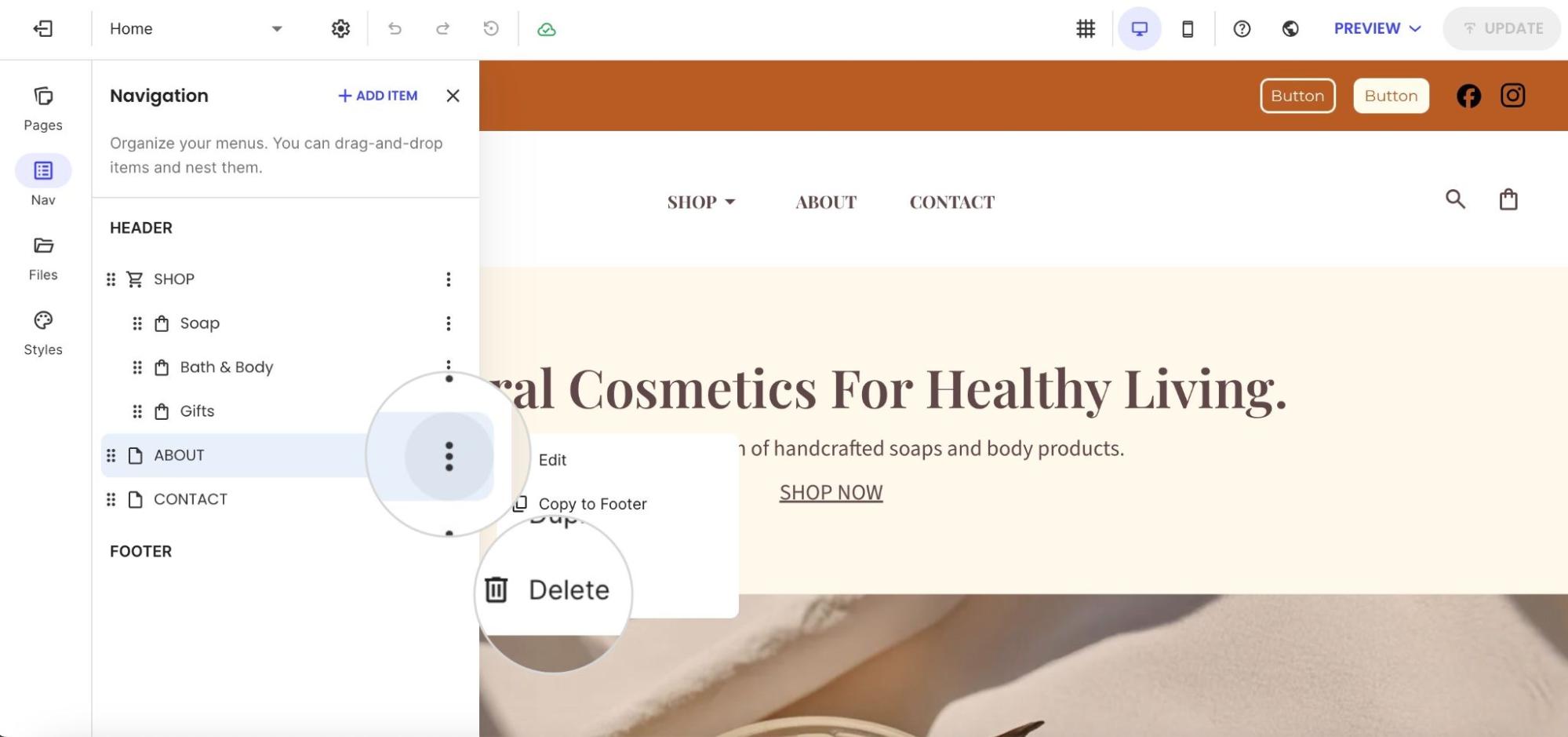 Navigation panel showing menu items with options menu opened for a page item