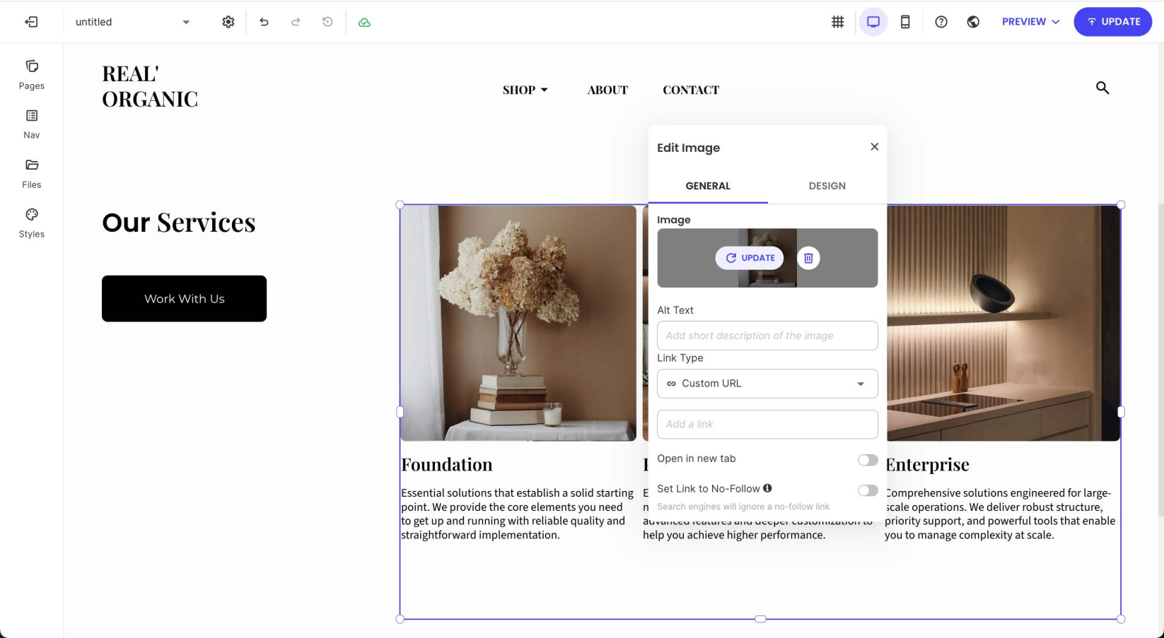 A selected image from a page section in Website Builder displaying a settings screen with the option Update that allows you to replace the image
