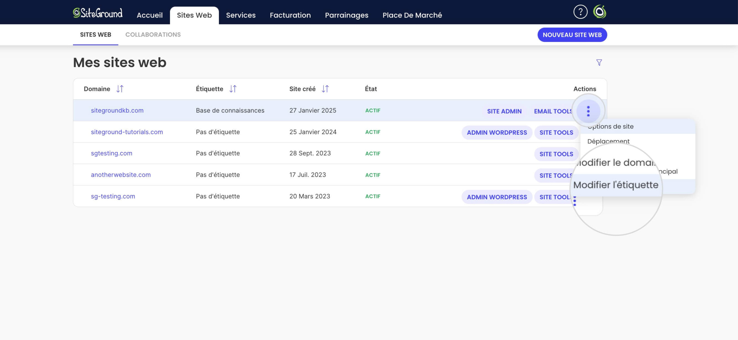 Comment modifier l'étiquette d'un site web dans l'Espace Client de SiteGround 