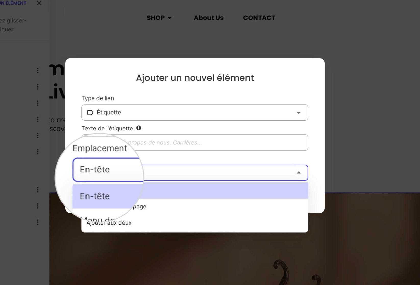 Une fenêtre contextuelle pour ajouter un libellé aux menus de navigation avec l'emplacement En-tête sélectionné