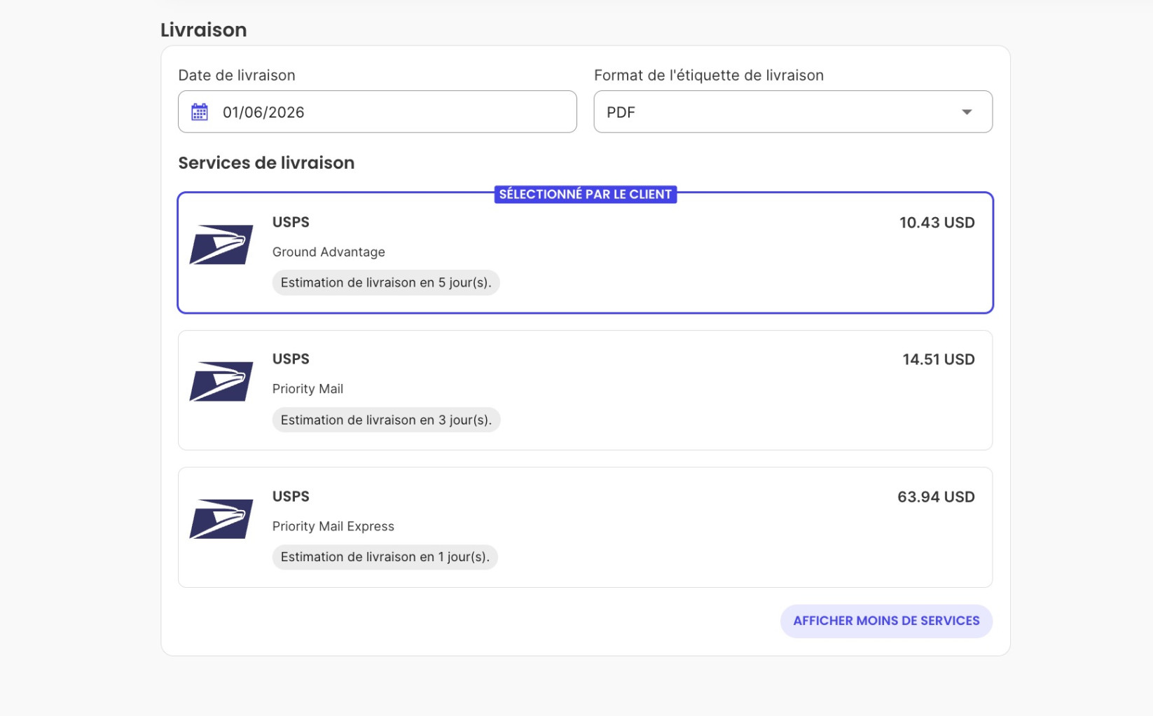 Services d’expédition USPS avec Priority Mail sélectionné et Ground Advantage indiqué comme le moins cher