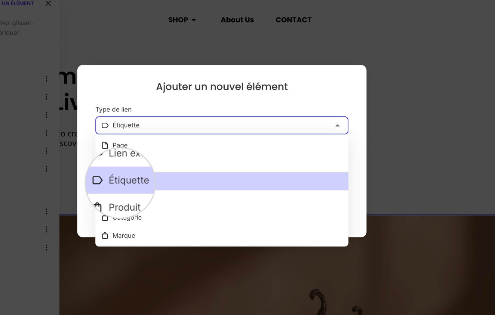 Une fenêtre contextuelle pour ajouter un élément de menu avec le type de lien Étiquette sélectionné