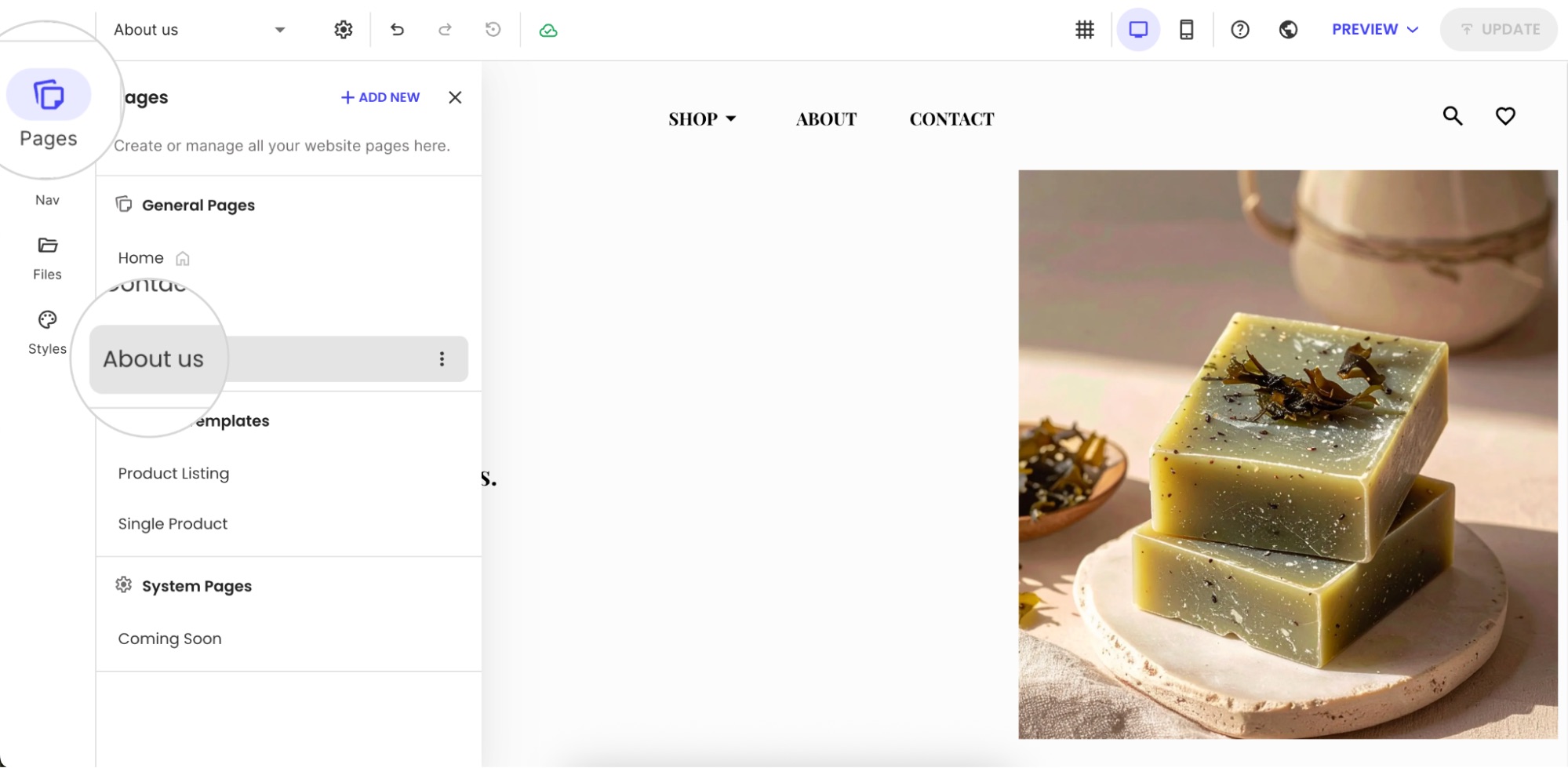 Pages panel with About Us page selected in Website Builder