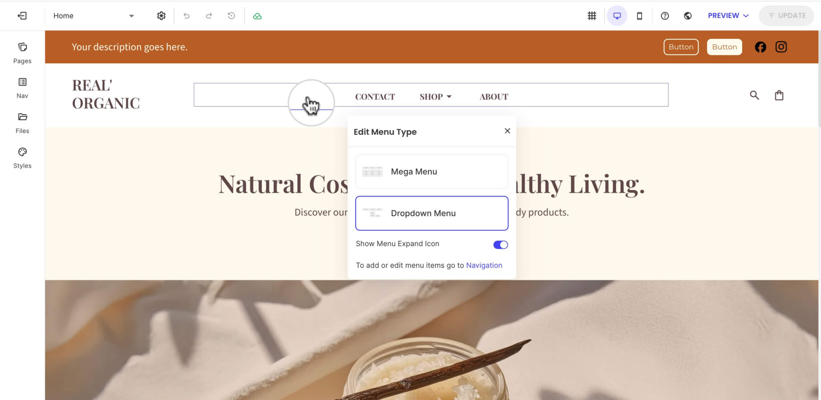 A page in Website Builder with selected main menu component displaying the layout options 