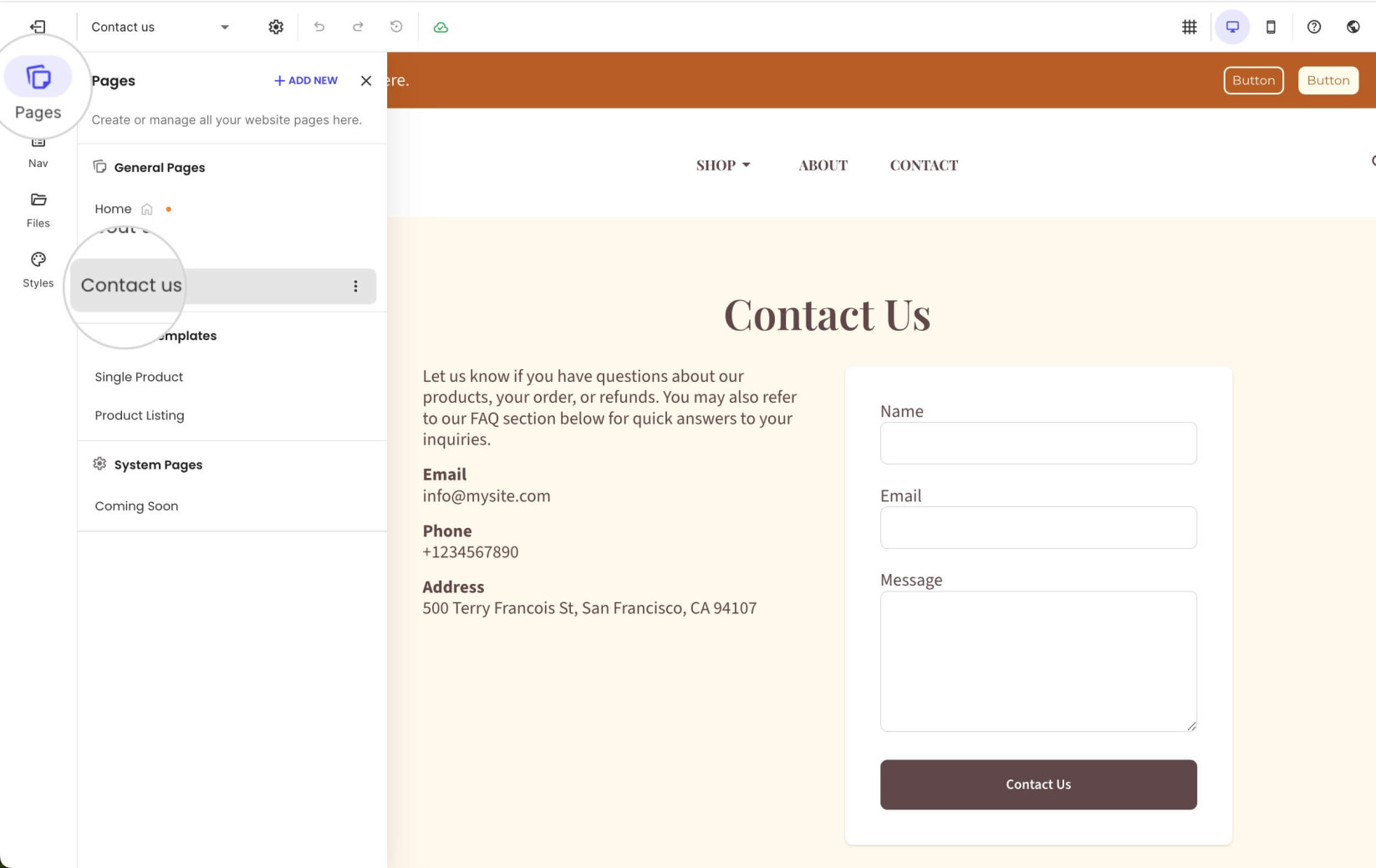 Pages tab in Website Builder with a selected page 