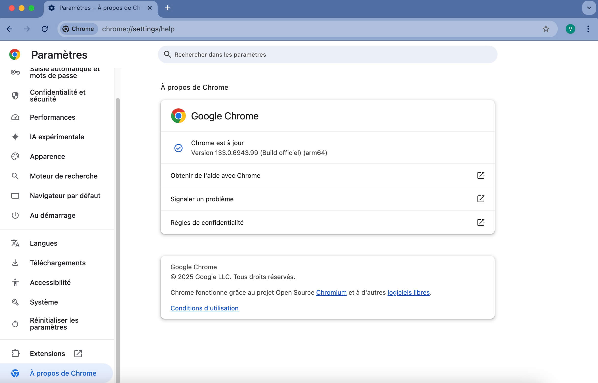 Paramètres de Chrome confirmant que le navigateur est mis à jour vers la dernière version.