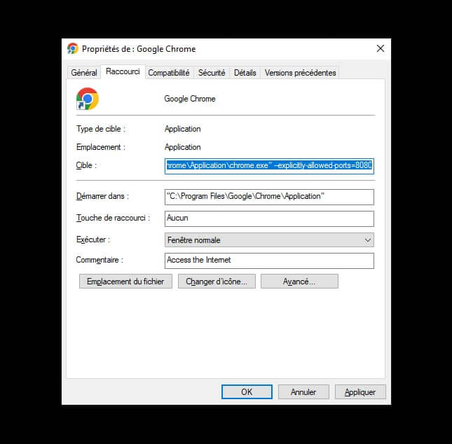 Capture d'écran des paramètres de raccourci de Google Chrome sur Windows, mettant en évidence le champ cible où vous pouvez modifier les indicateurs du navigateur.