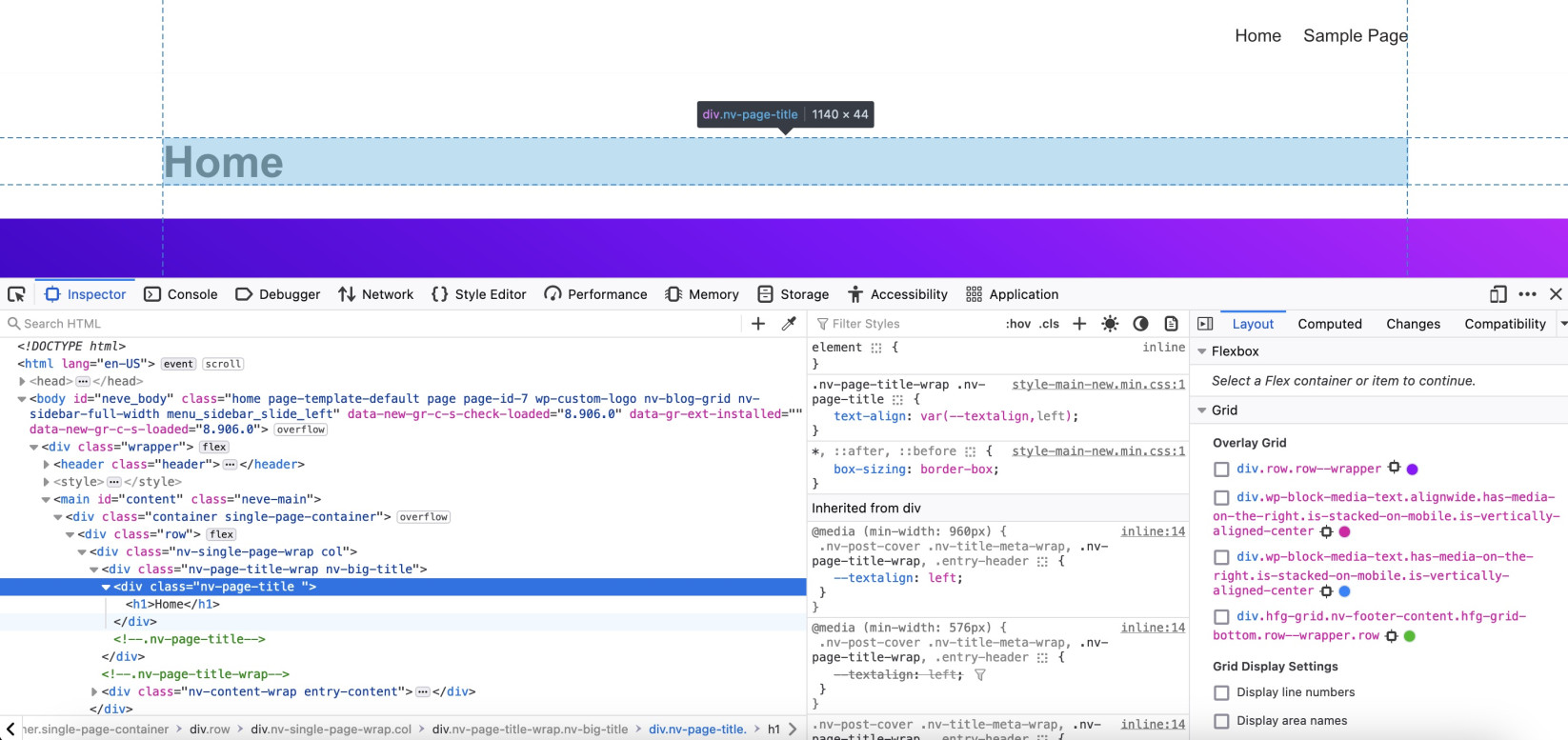 Capture d’écran montrant comment trouver la classe CSS du titre de la page dans WordPress