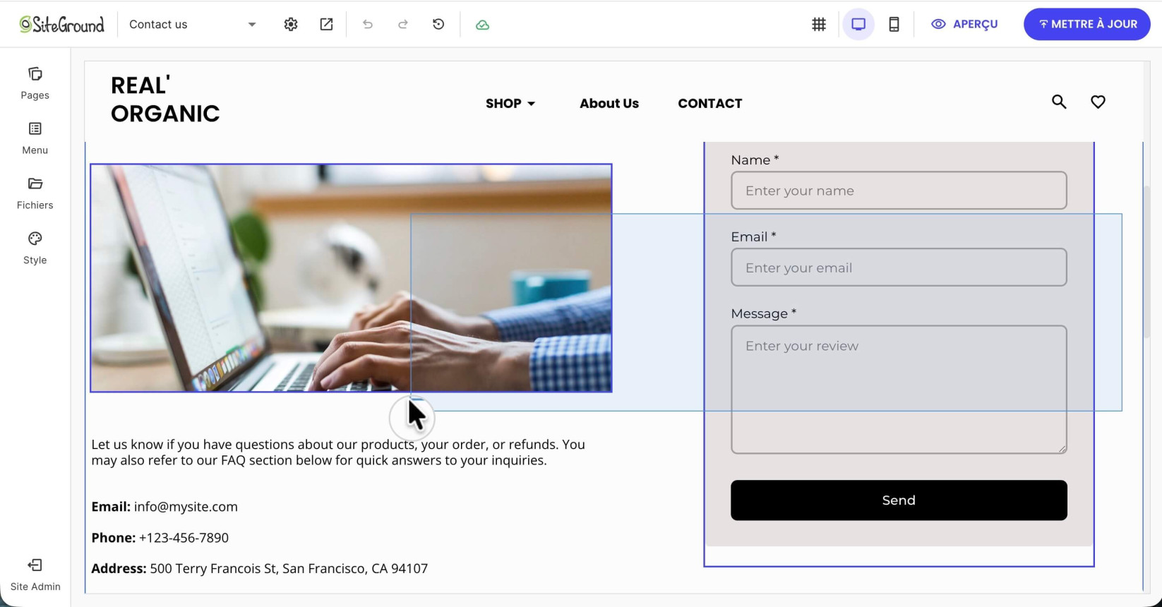 Sélection par cliquer-glisser de plusieurs composants sur une page dans le Website Builder en choisissant des éléments avec une boîte de sélection