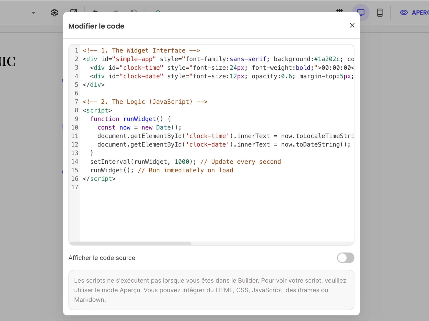Un espace de travail agrandi d'un composant de code