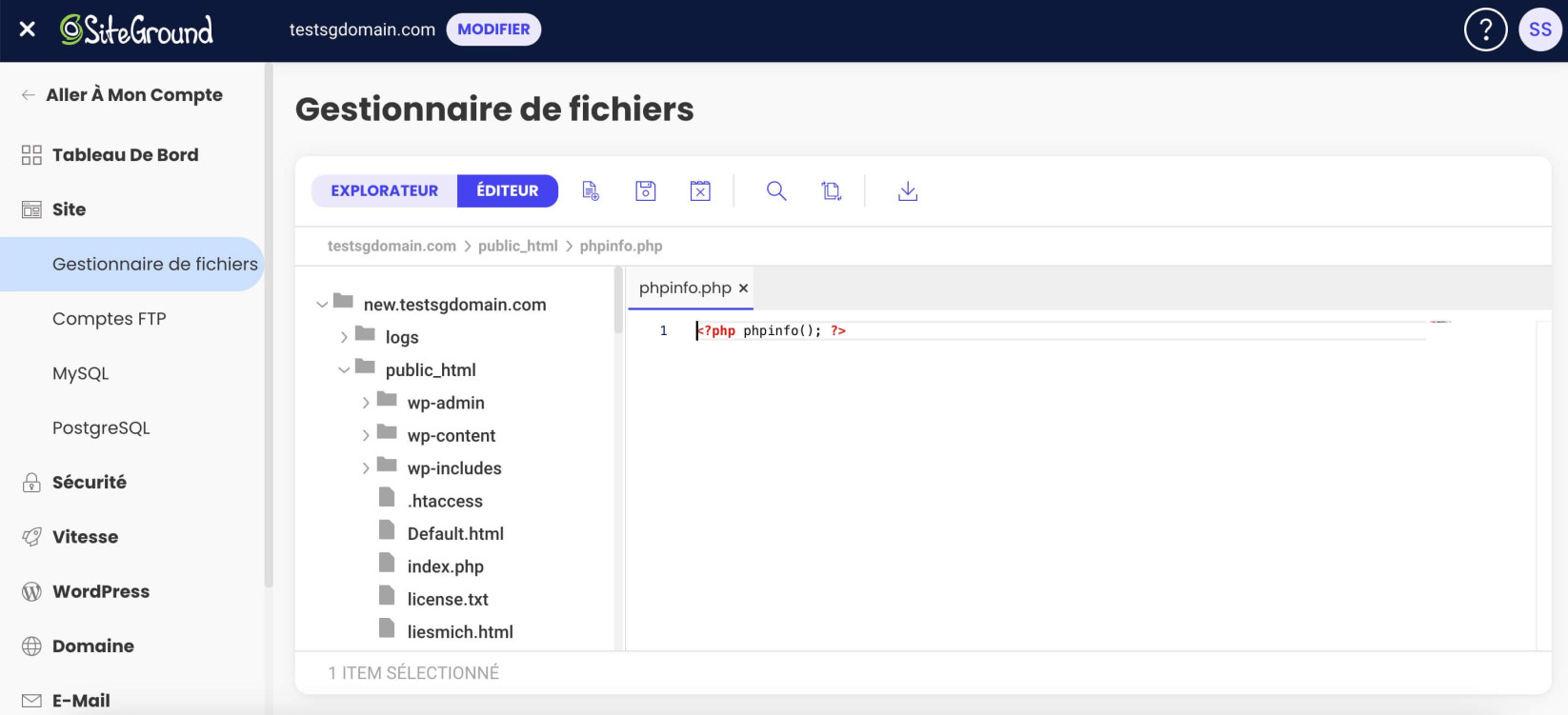 Capture d'écran montrant comment enregistrer l'extrait dans le fichier phpinfo