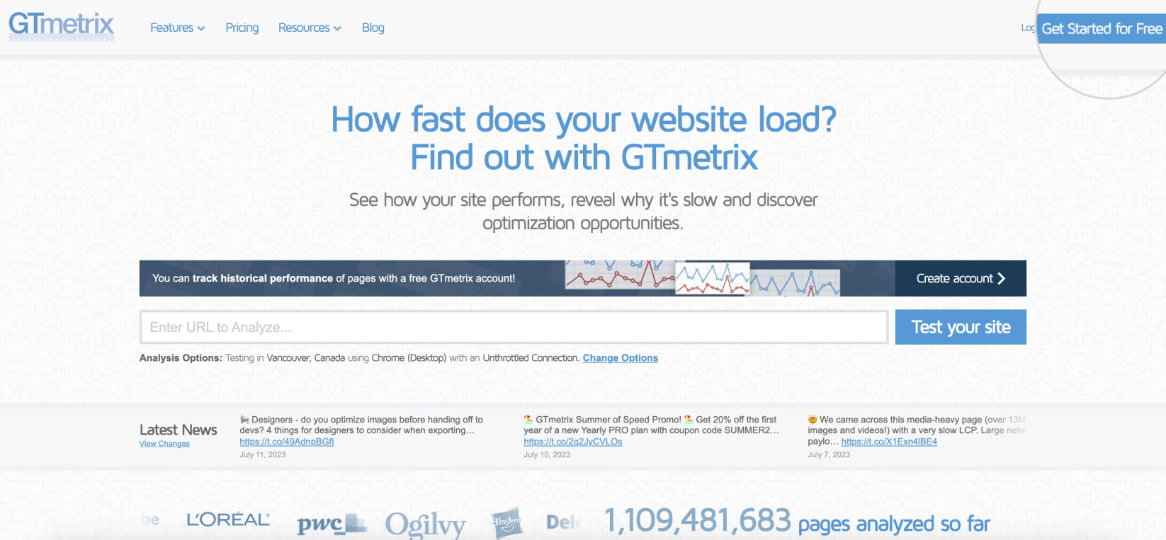 Capture d'écran montrant le bouton Commencer dans GTmetrix et créez votre compte