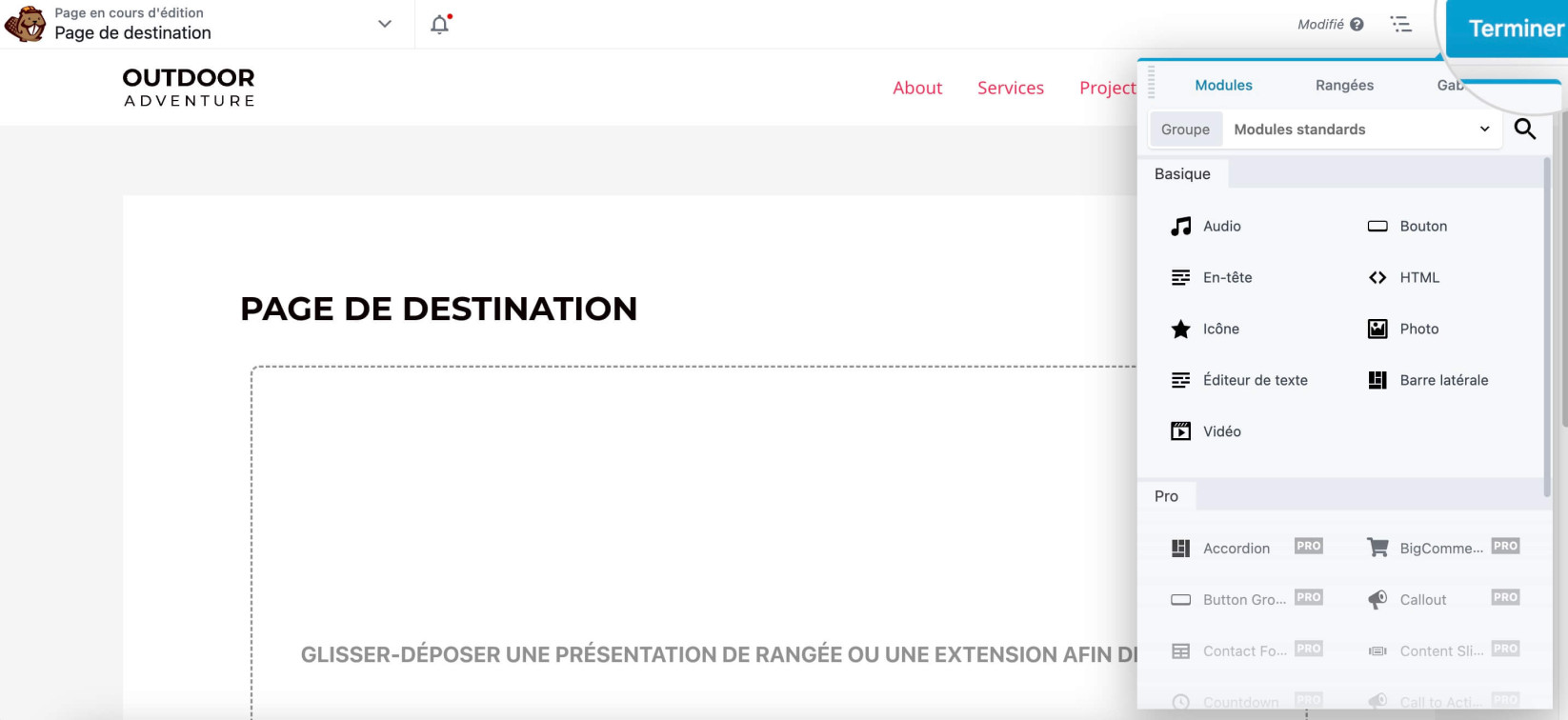 Capture d’écran montrant le bouton Terminer à cliquer lorsqu’il est prêt pour le design de votre page d’accueil