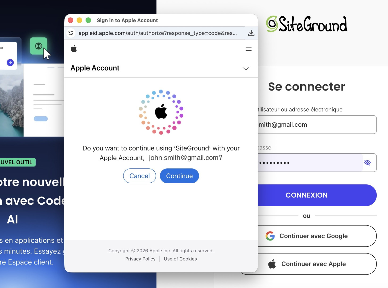Fenêtre de confirmation où vous pouvez choisir de continuer à utiliser SiteGround avec votre compte Apple
