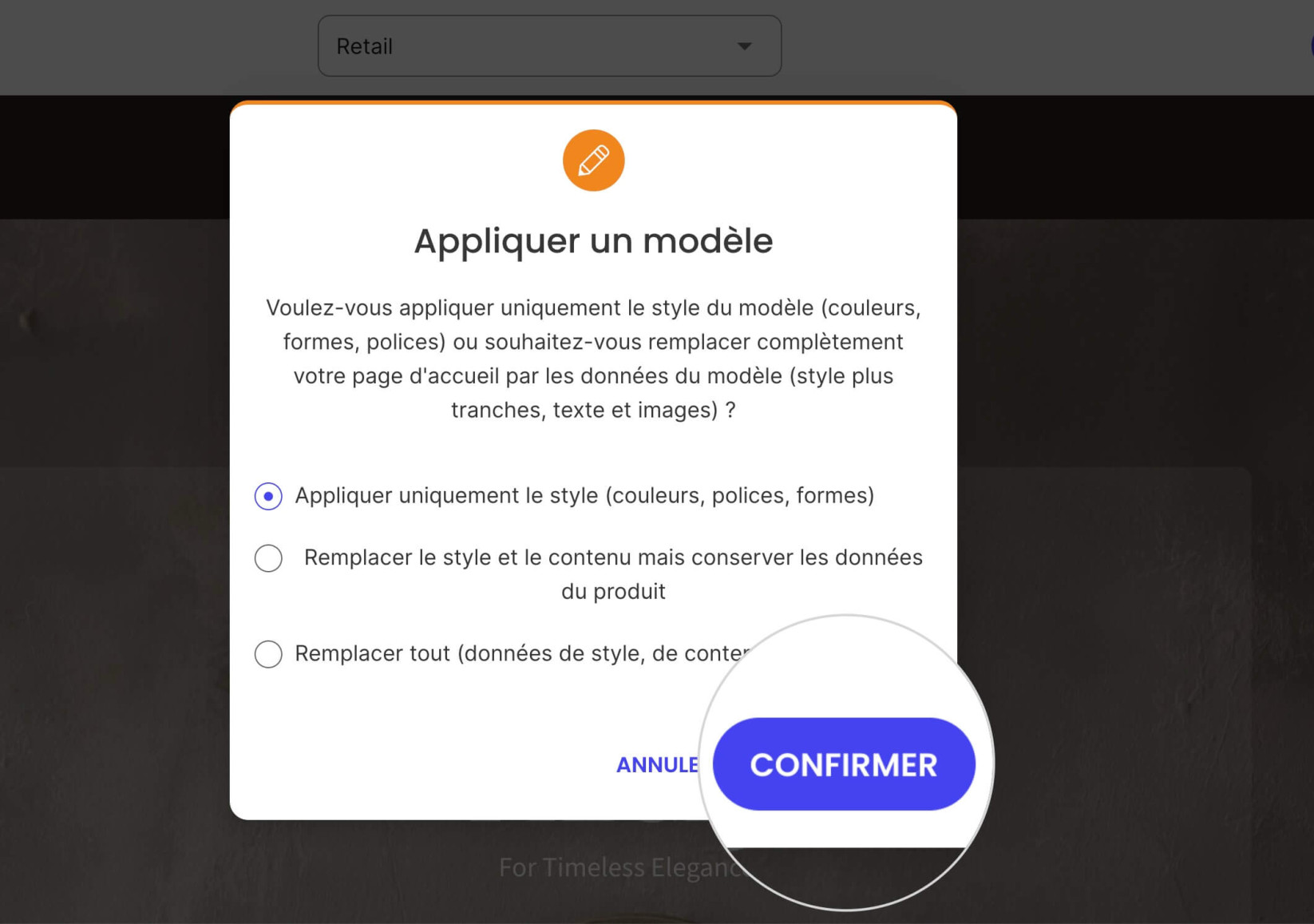 Écran de confirmation pour l'application d'un nouveau modèle de Website Builder 