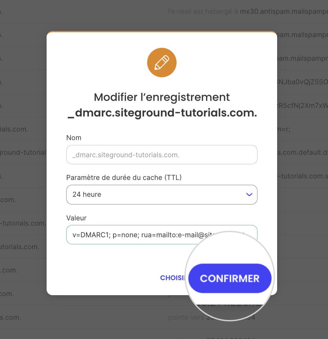Confirmation des modifications d'un enregistrement DMARC