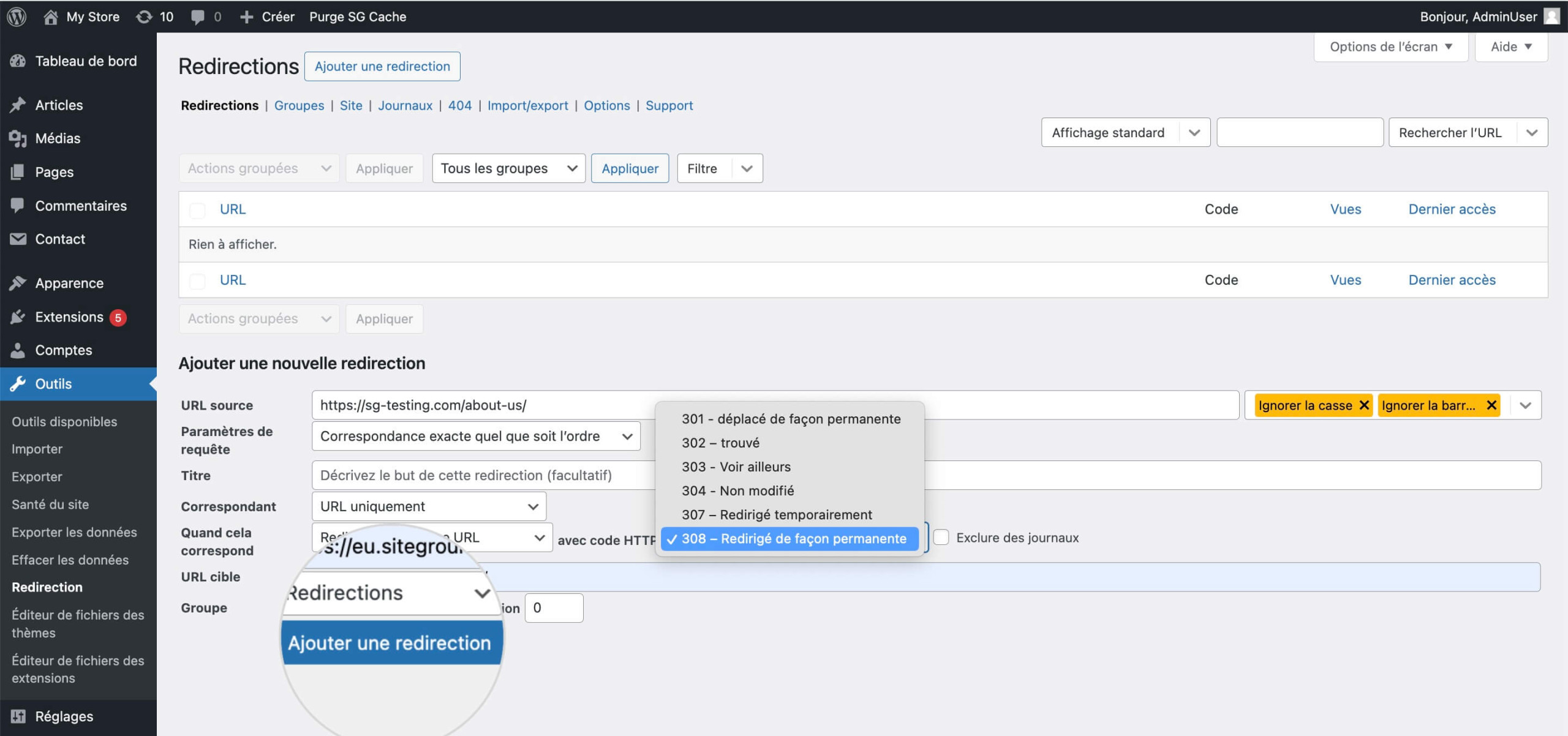 Confirmer une redirection permanente 308 dans le plugin Redirection de WordPress
