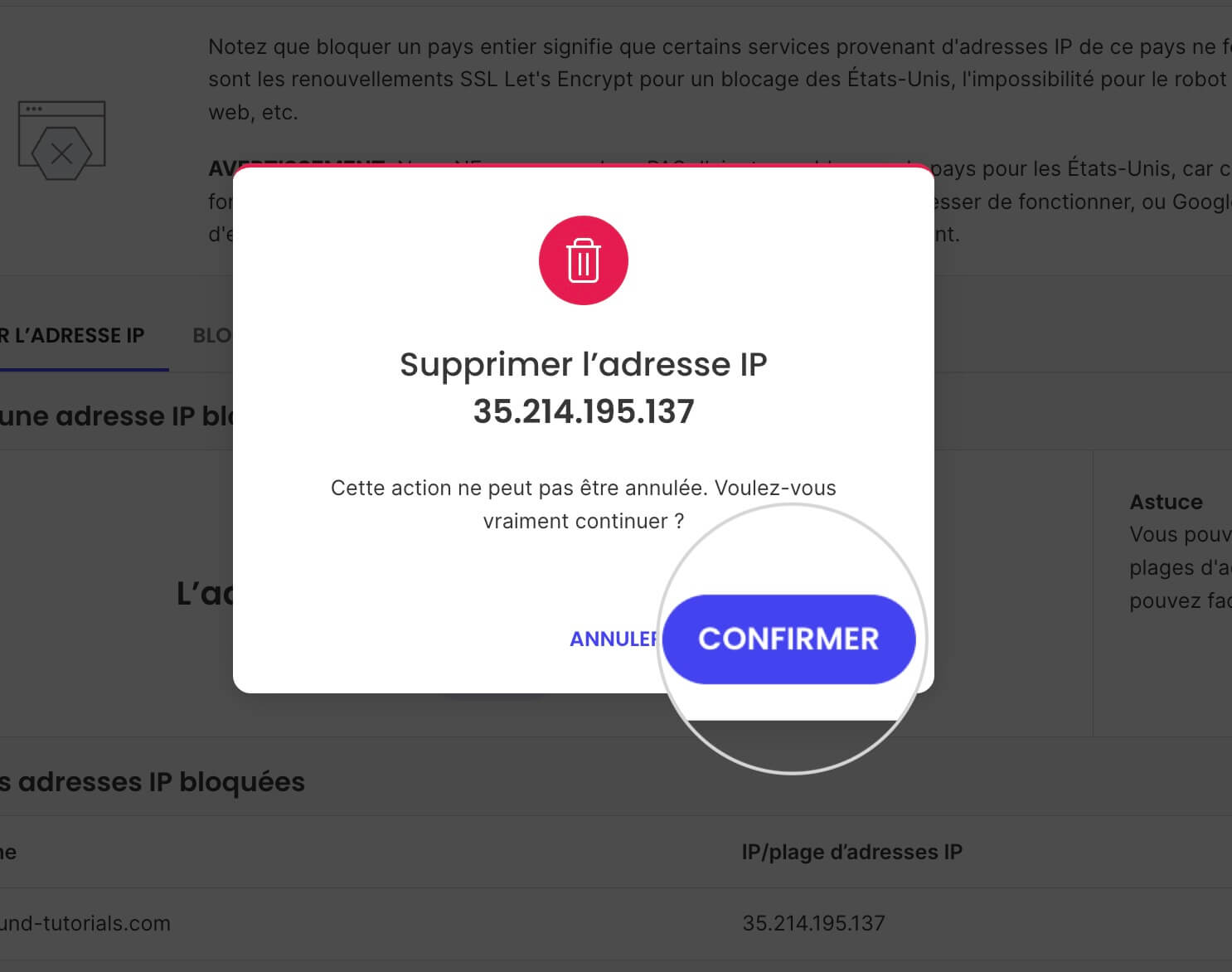 Écran de confirmation pour supprimer un blocage IP 