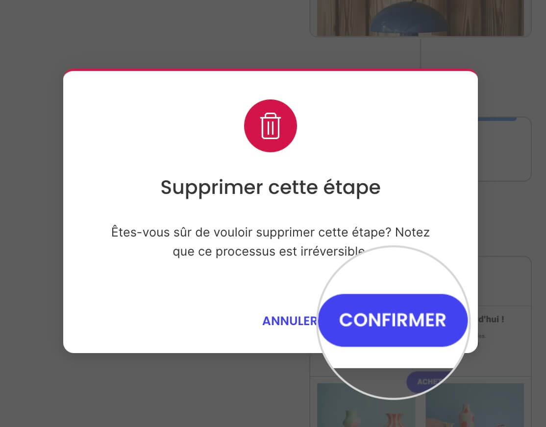 Confirmer la suppression d’une étape dans l’automatisation du e-mail