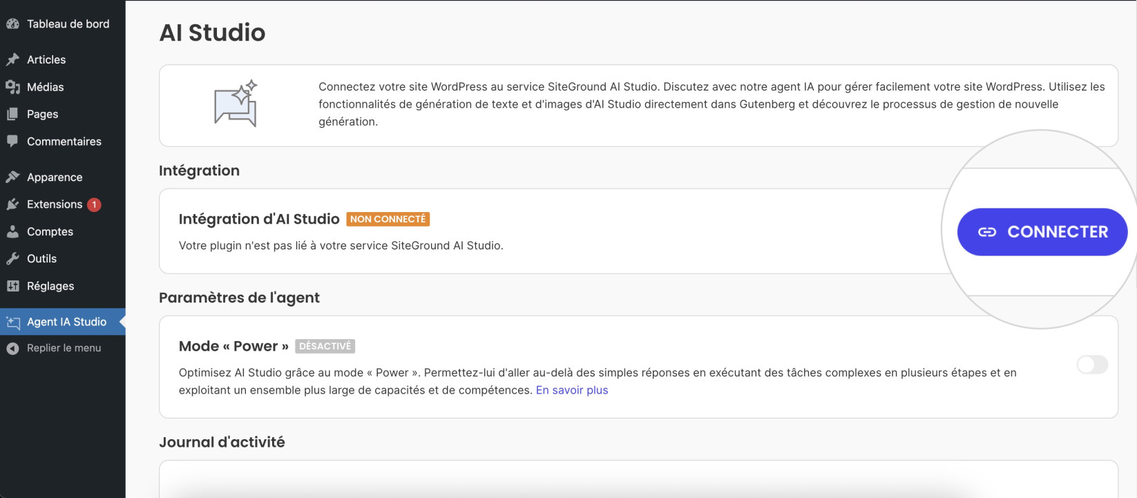 Page AI Studio dans le tableau de bord WordPress montrant l’intégration non connectée et le bouton Connecter pour lier le plugin au service AI Studio.