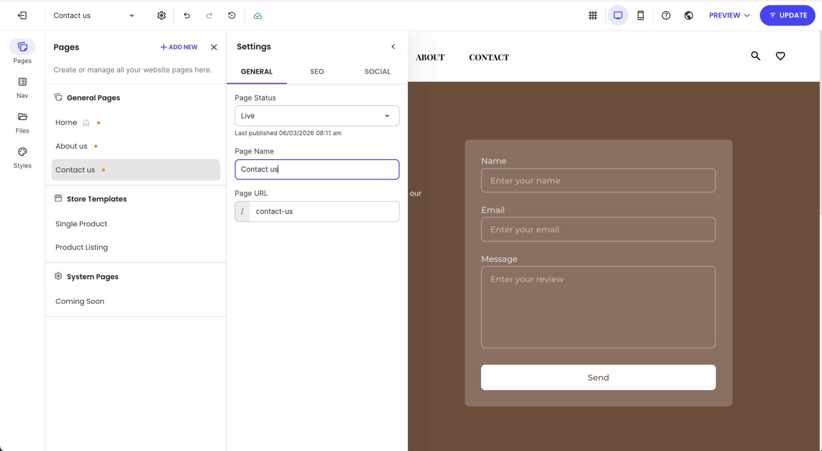 General settings options for the Contact Us page in Website Builder