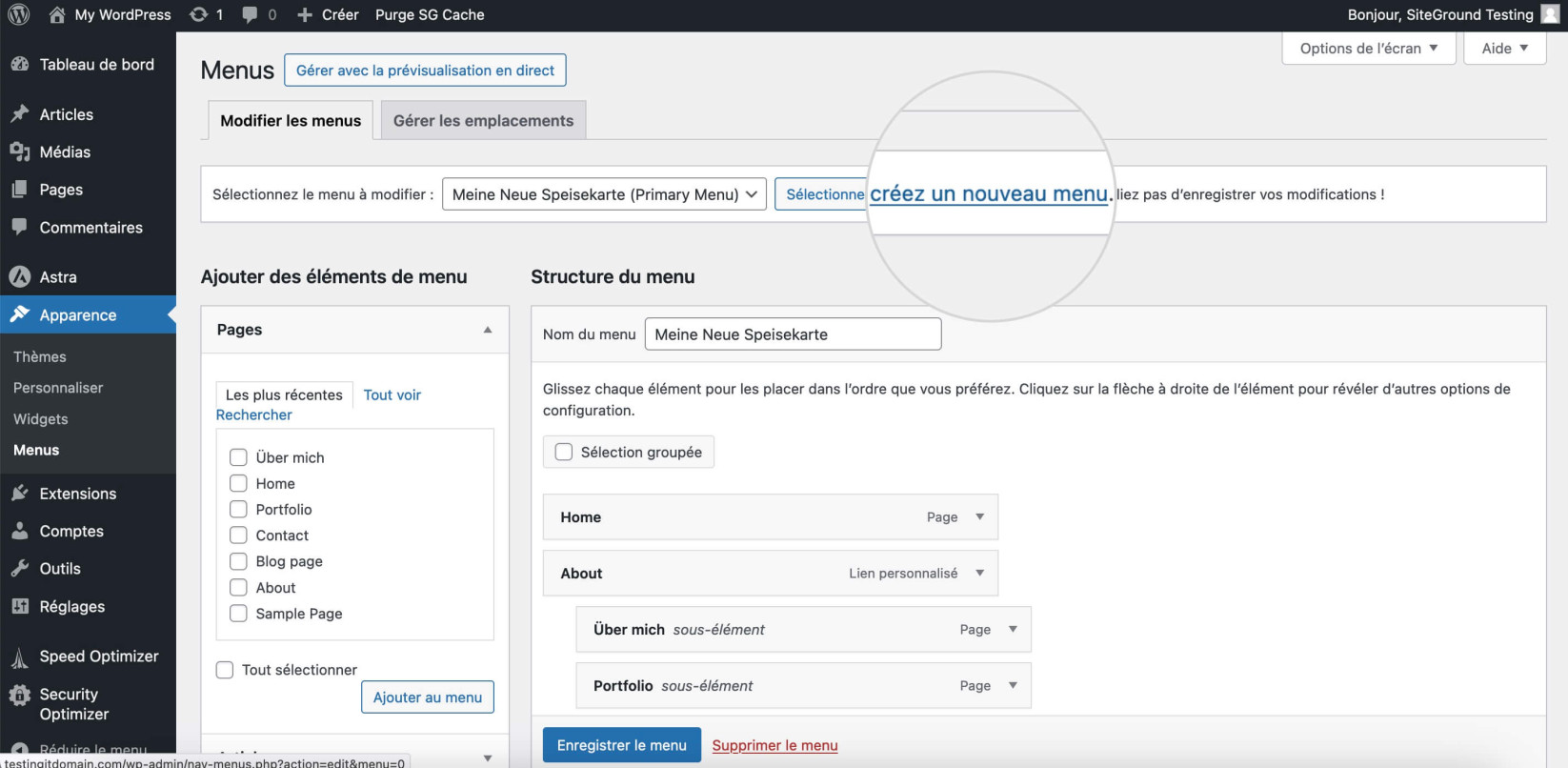 Capture d'écran affichant le bouton "Créer un menu" dans WordPress