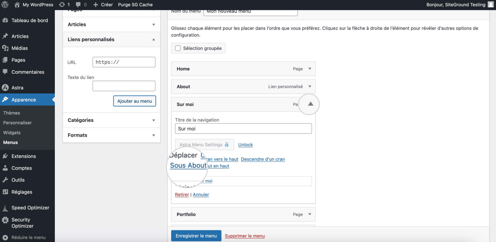 Capture d'écran montrant comment définir un élément comme sous-menu