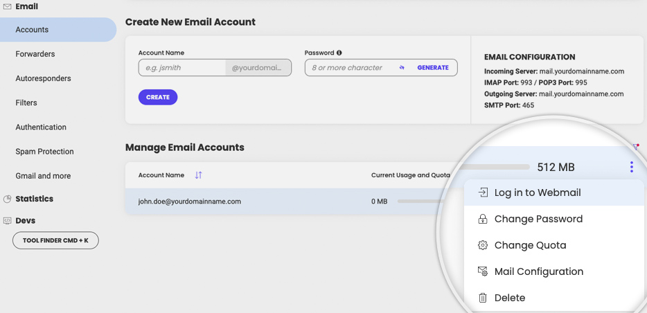 Menu d'Actions pour un compte e-mail 